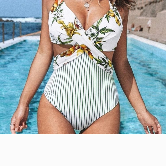 Floral and Striped Swimsuit - Picture 1 of 11